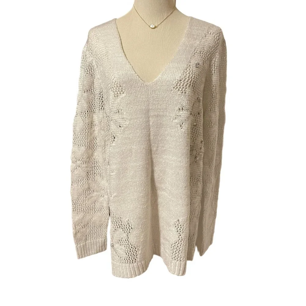 Anthropologie Aratta Silent Journey Silver Beige Lacy Embellished Sweater